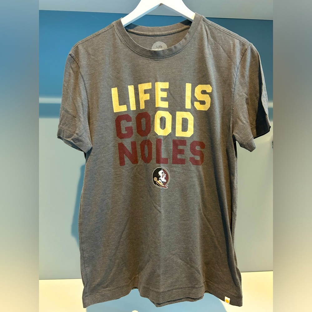 Life is Good Noles T-shirt. Size small. Grey with garnet/gold letters/logo.
